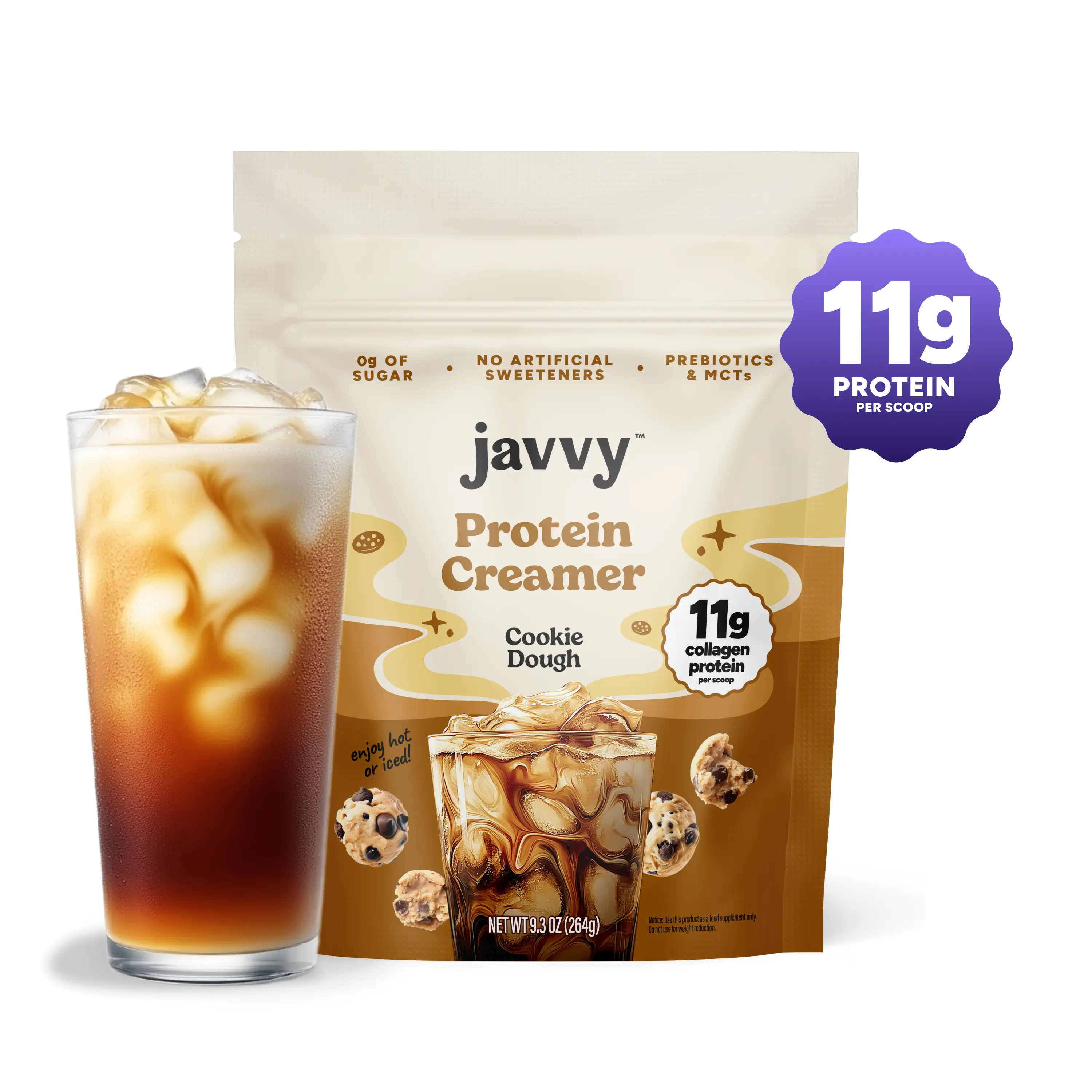 Javvy Cookie Dough Protein Coffee Creamer - Grass Fed Pasture Raised Collagen - Hair, Skin & Nail Support, Energy-Boosting MCTs, Keto Friendly, Lactose Free & Gluten Free, No Added Sugar, 11g of Protein