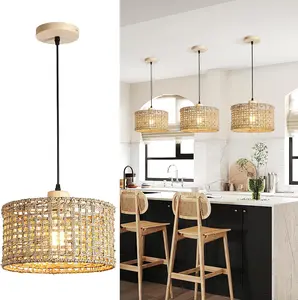 Hand-Woven Rattan Pendant Light, 11.8" Bohemian Natural Wicker Hanging Lamp for Kitchen Island Dining Room