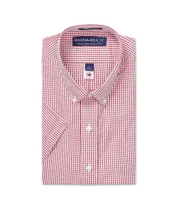 Short Sleeve Red and White Cotton Shirt with Magnetic Closures