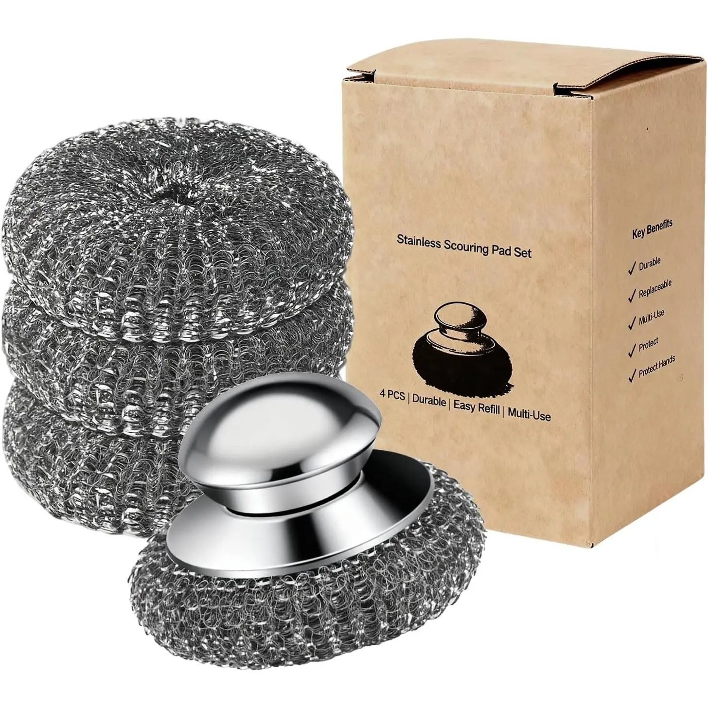 Stainless Steel Comfortable Synthetic Scourer Pad Set with Handle - 1 Handle+3 Metallic Pads for Rust, Stubborn Messes on Cookware, Cookers, Kitchen Sinks
