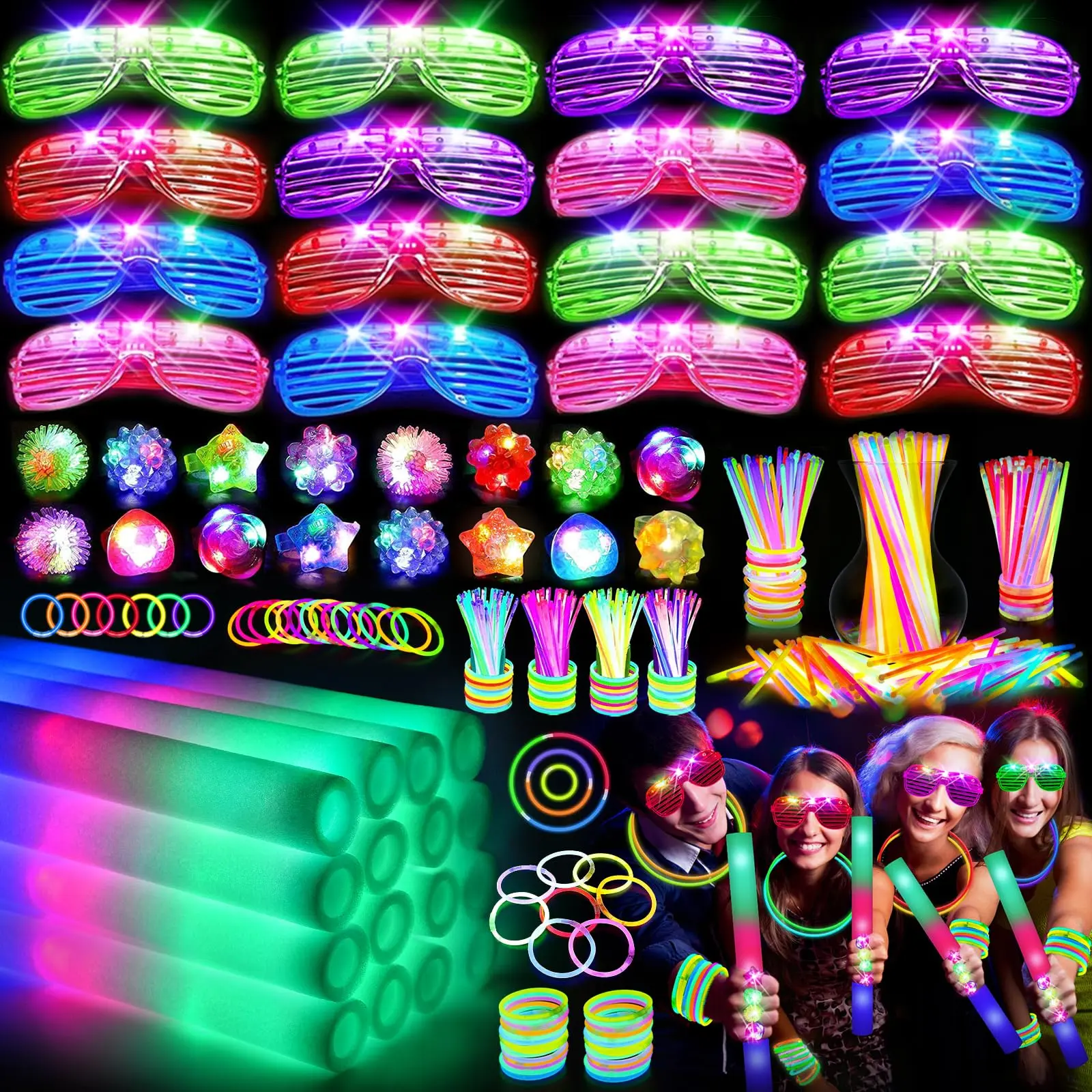 150pcs Glow in the Dark Party Supplies , 16 PCS foam glow sticks, 16 PCS LED glasses, 100 PCS glow sticks and 18 PCS finger lights for glow-in-the-dark parties, weddings, birthdays, concerts and New Year's Eve raves Party Packs!