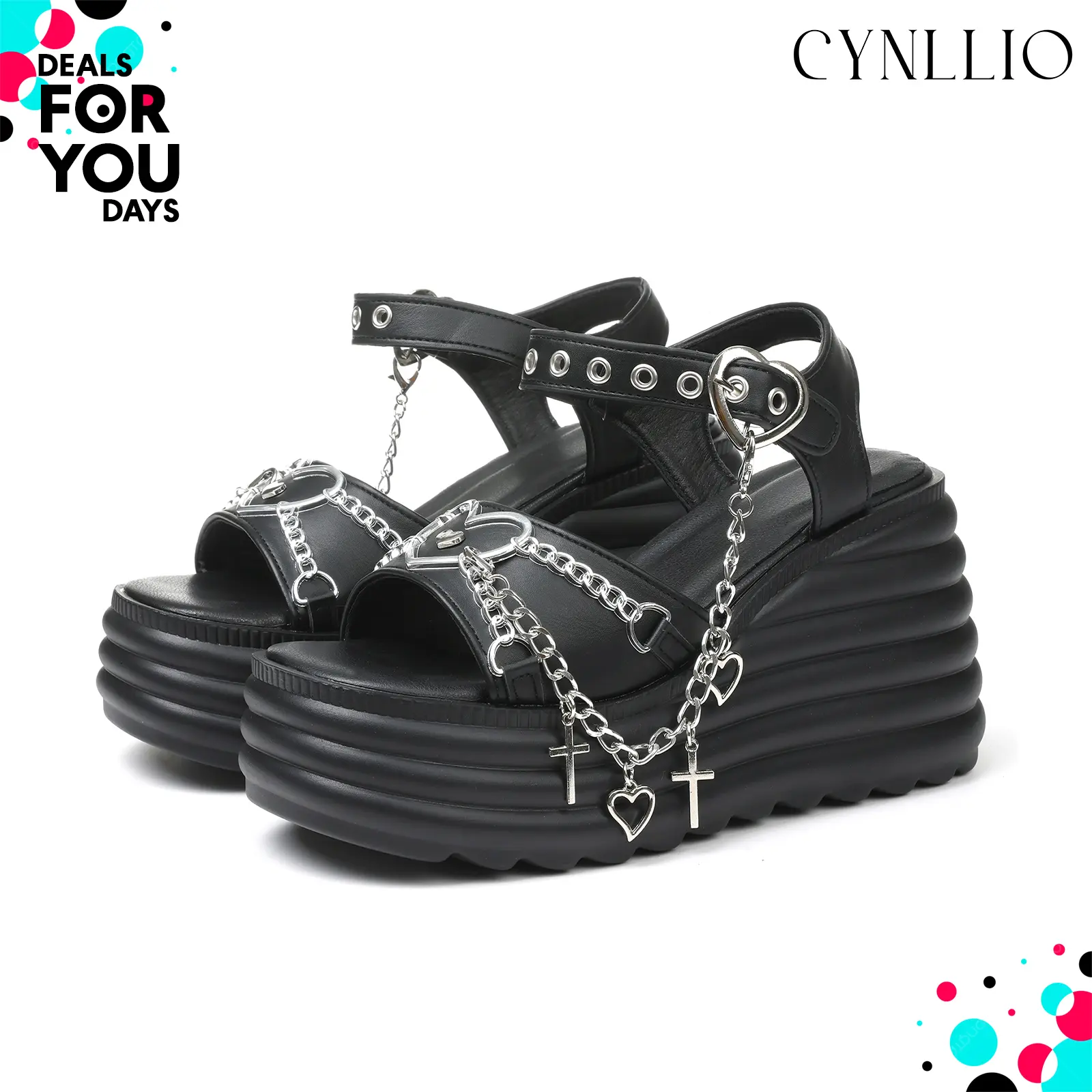 CYNLLIO Platform Sandals For Women Gothic Punk Heart Chain Buckle Ankle Strap Comfort Square Toe High Slope Heel Wedge Goth Sandals Halloween Fall Shoes  Summer