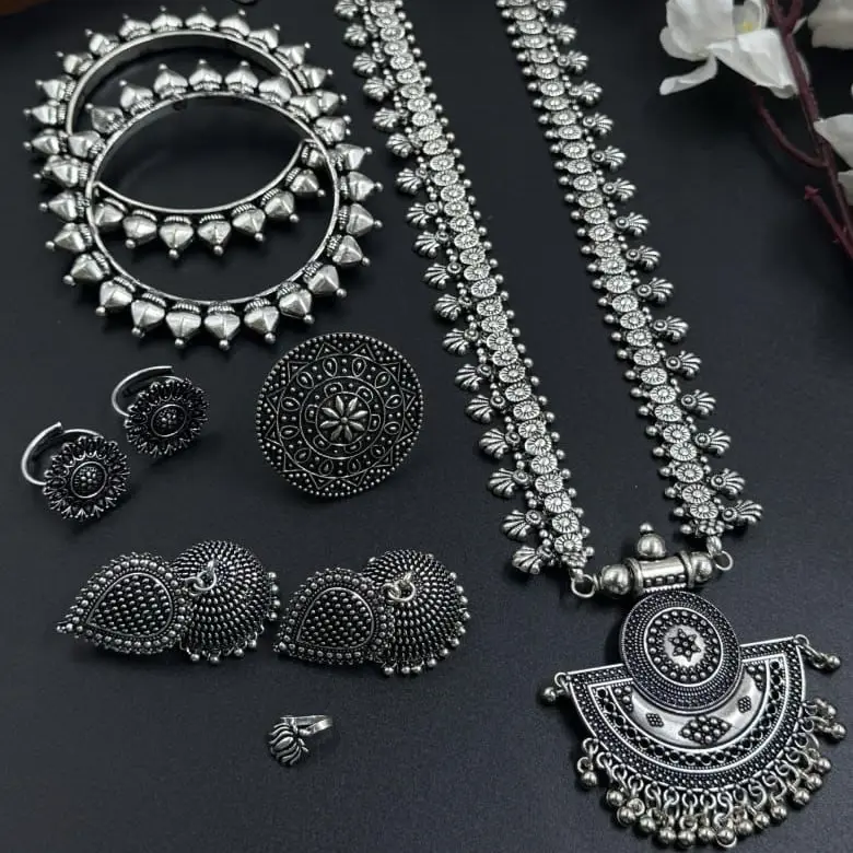Oxidized long necklace Set with Matching Earrings, Bangles (2.4, 2.6, 2.8), Adjustable Ring & Easy Wear Nose Ring jewellery. (NO REFUND OR EXCHANGE)