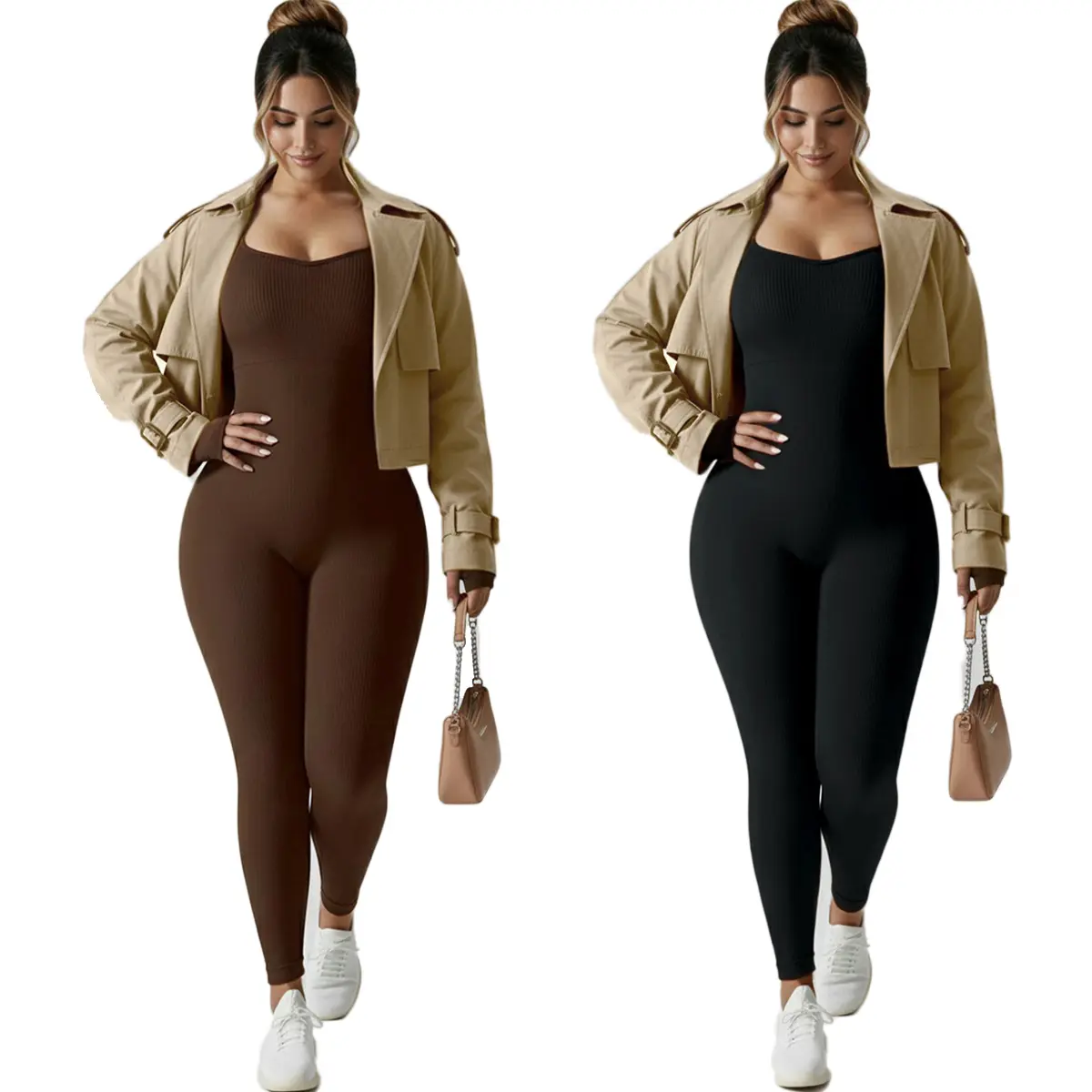 Kabuer Women's High-Waisted Ribbed Long-Sleeve Slim-Fit 1-Piece Activewear Jumpsuit, Machine-Washable Crew Neck Fit Bodysuit for Spring & Fall Fitness, Sports Jumpsuits, Crew Neck Jumpsuit