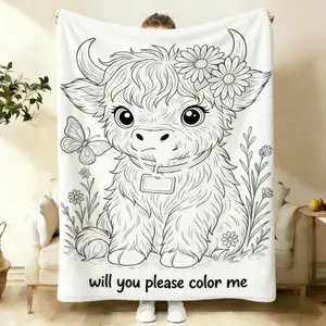 Highland Cow Themed DIY Coloring Blanket (No Markers Included) Color-Fillable Flannel Blanket A Perfect Gift for Children Fleece Throw with Custom-Dyed Fabric Soft Cozy Bedroom Decor Blankets Birthday Gifts Suitable for Friends, Family, and Partners