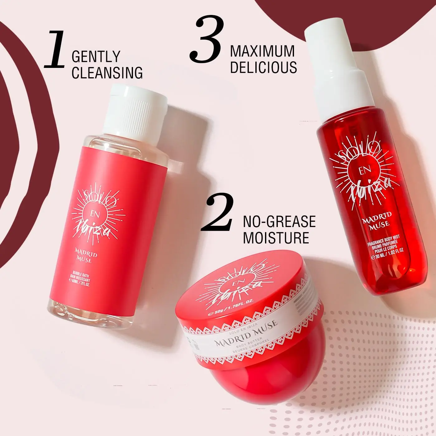 SOLO EN IBIZA  Luxury 3-Piece Body Care Self Care Kit - Smoothing Cream, Lightweight Mist, Bubble Bath - Plum Fruit, Orchid, Jasmine, Vanilla Musk Scent - Cruelty-Free, Vegan, Moisturizing, Hydrating, Silky - Evening Use, Gift-Worthy