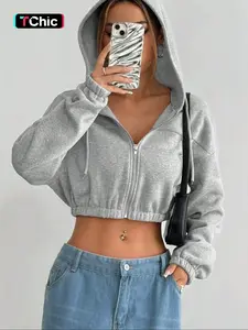 Women's Solid Color Drop Shoulder Long Sleeve Knit Hoodie, Casual Short Fitted Jacket for Spring & Autumn Seasons, Stylish Daily Wear Apparel Womenswear