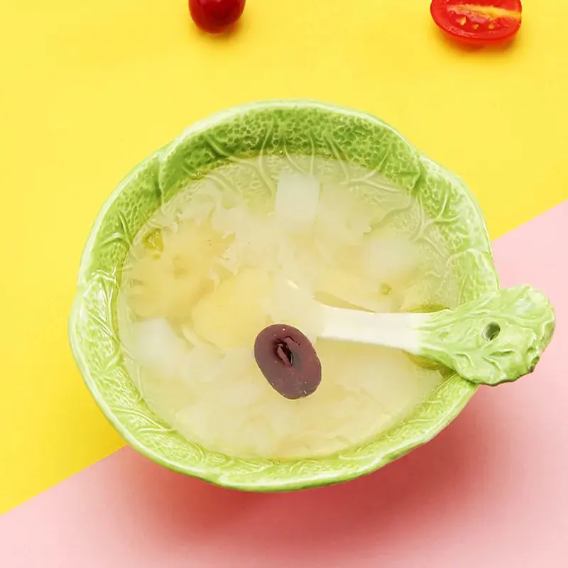 Creative Cabbage Shaped Ceramic Dessert Salad Bowl Cute Cartoon Soup Bowls Household Instant Noodles Bowl Rice Bowl Tableware Decorative Bowls Salad Serving Bowls