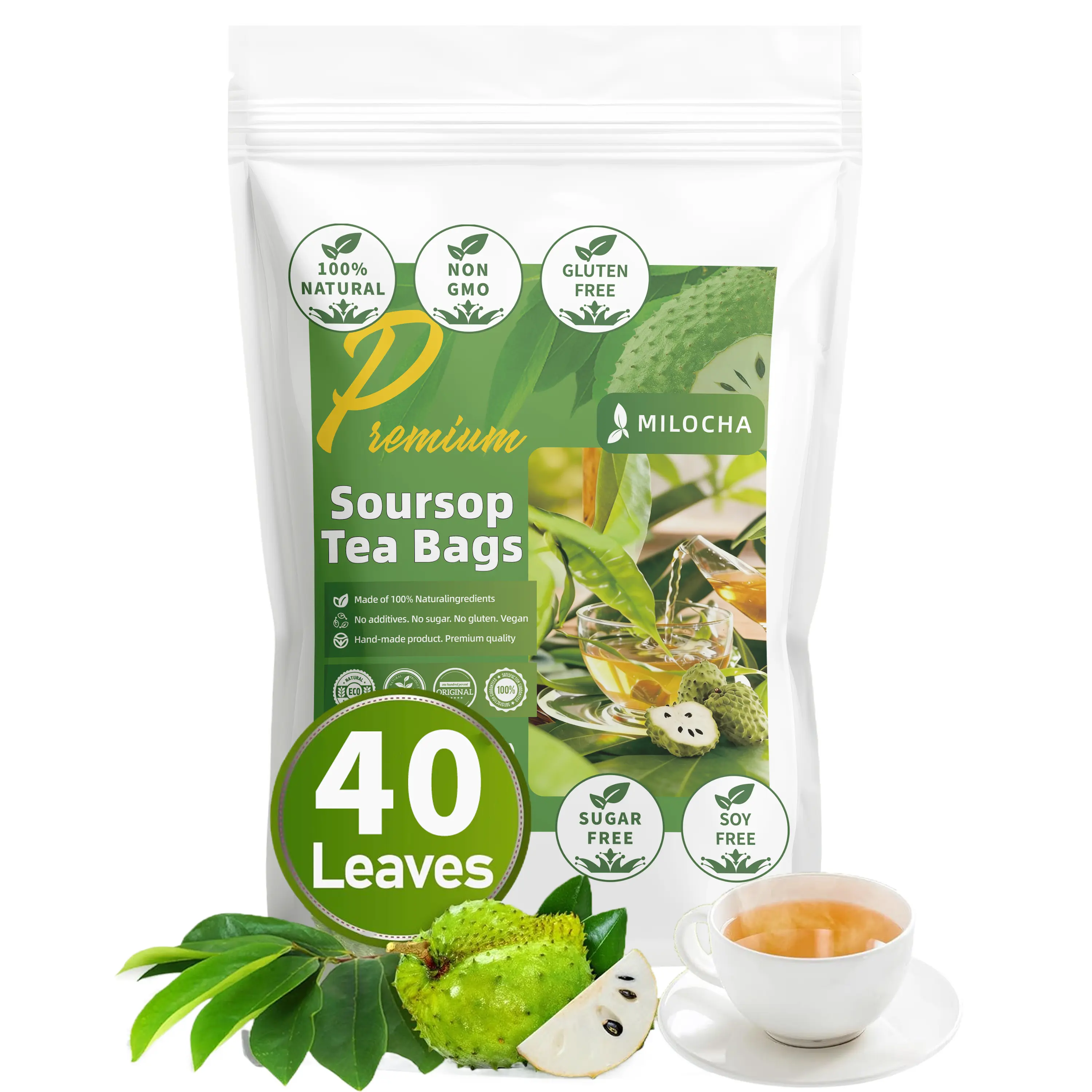 Soursop Leaves Tea Bags, 40 Teabags - Premium Soursop Graviola Leaves - Hojas De Guanabana Tea - Non-GMO - Caffeine-free - Improve Digestion, Support Healthy Skin & Sleep Nourishing Tea
