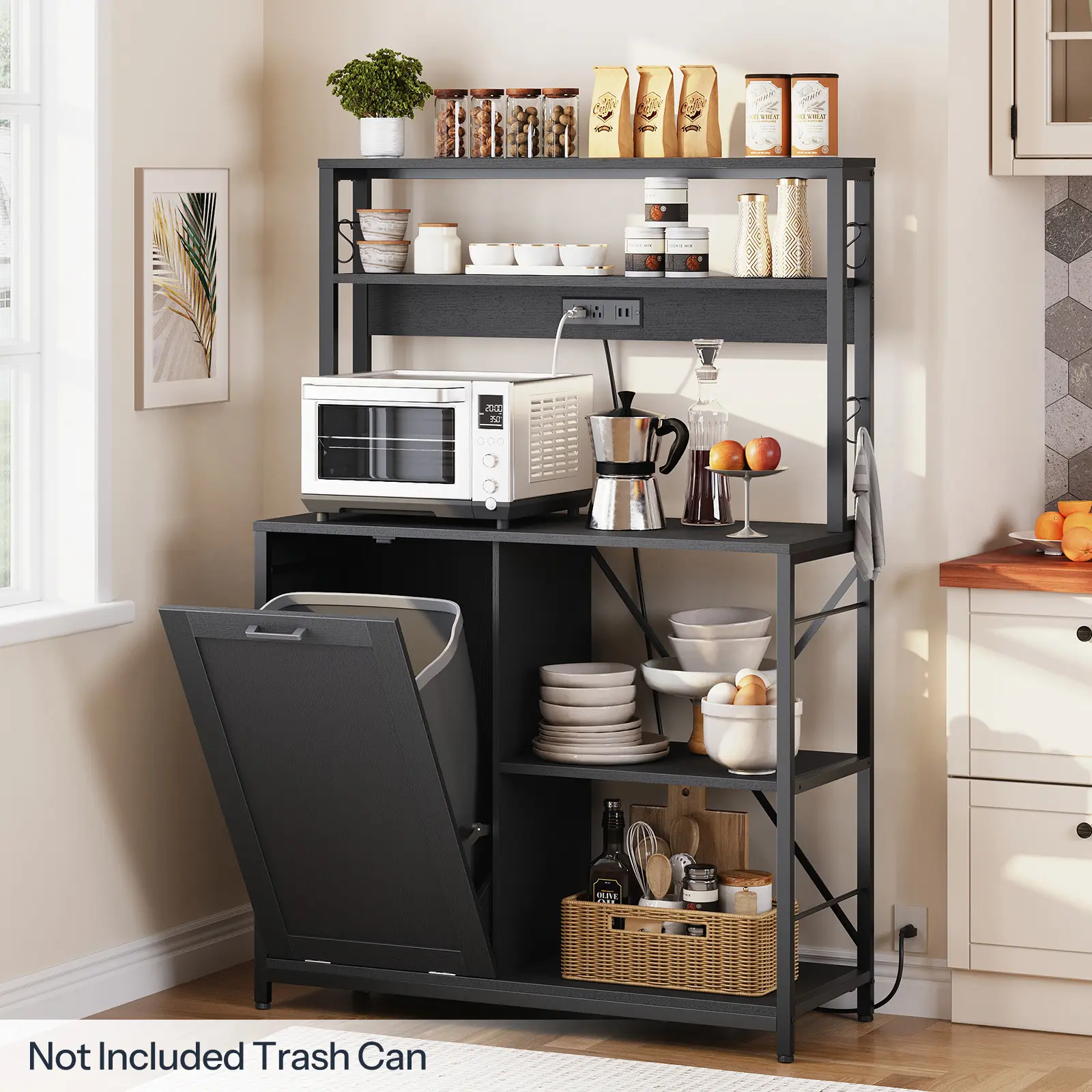 HOOBRO Bakers Rack Microwave Stand with Trash Can Bin Cabinet, 5-Tier Kitchen Organiser Storage Shelf Cabinet with Power Outlet, Tall Coffee Bar Table Station for Dining Room, Living Room#springtok #SummerVibes