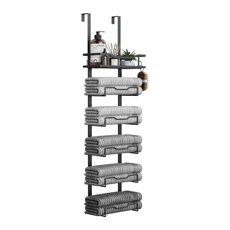 Black 6-Tier Door-Mounted Towel Rack No Installation Needed Metal Storage for Rolled Towels Space-Saving Bathroom Towel Holder with Top Basket  Restroom  Bath Tub Accessories