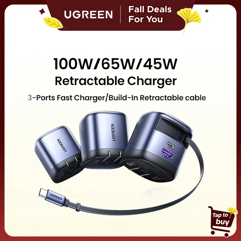 UGREEN 3-in-1 Compact GaN Wall Charger-45W/65W/75W/100W Model,Foldable Plug,Retractable USB-C Super Fast Charging, Cellphone Protection, Portable Charger for iPhone 17/16 Series, Galaxy,Pixel,iPad,Cordless,Cable Management,tiktokshopfalldealsforyou