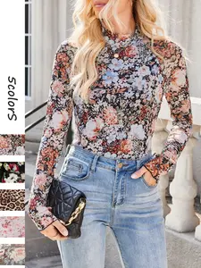 Women's Floral Printed Round Neck Mesh T-Shirt, Contrast Thumb Hole Long Sleeve High Neck Top, Fashion Versatile Casual Slim Fitted Double Layer Blouse