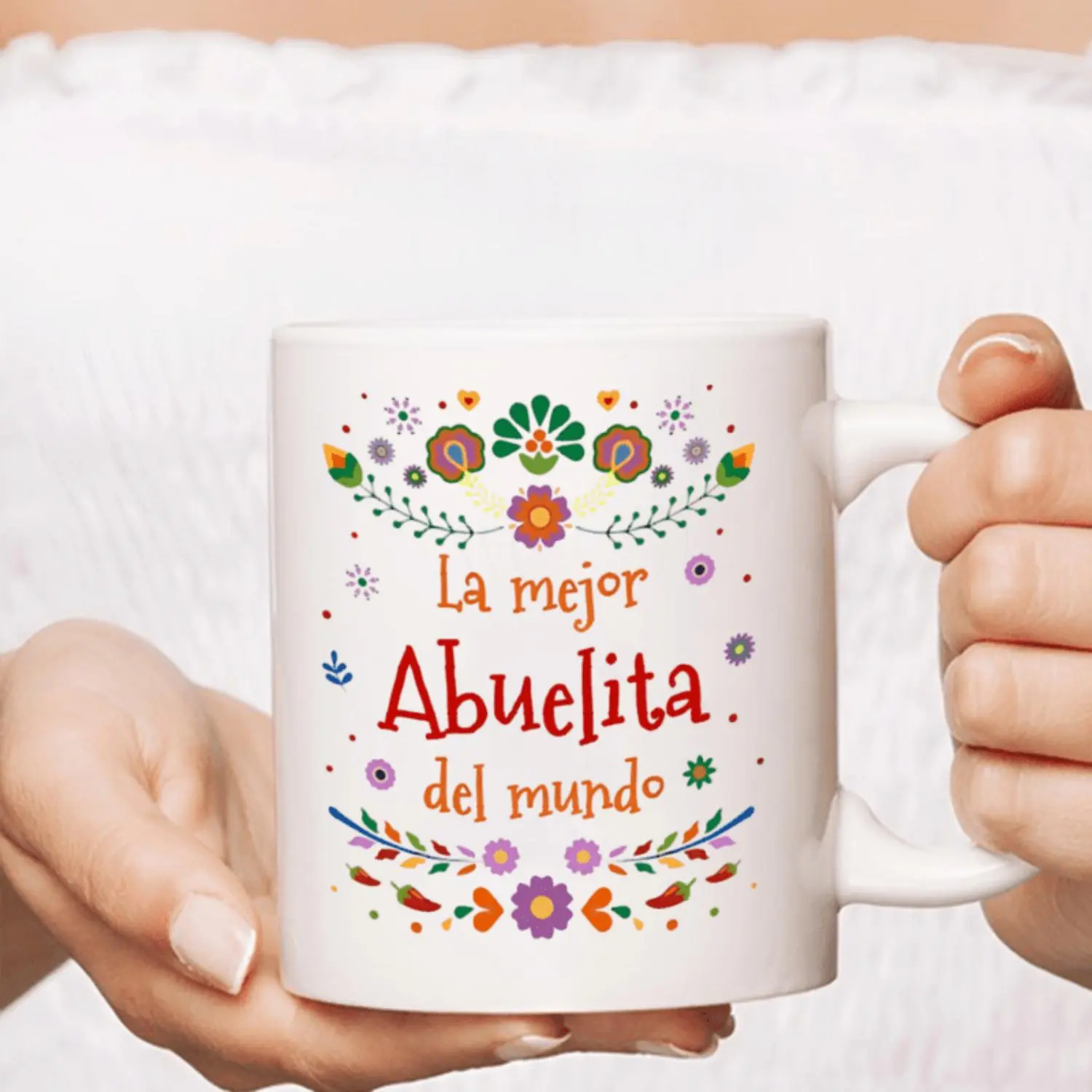 1pc, 11oz Premium Ceramic "La Mejor Abuelita Del Mundo" Mug - Warm & Sweet Floral Design, Perfect Coffee Or Tea Cup Gift for Grandmothers, High-Quality & Slip-Resistant with Colorful Flowers And Leaves, Coffee Bar Accessories