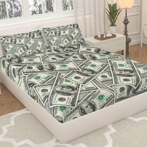 3-Piece Set of Dollar Coin Pattern Bed Sheets, Bed Sheet Set (1 * Bed Sheet + 2 * Pillowcases, No Core), Wealth Theme, Luxury Bedroom Guest Room Bedding Set, Mattress Protector Soft, Breathable, Satin Bed Sheets, King Size Bed Sheet Set, Bed Sheet Set, Tw