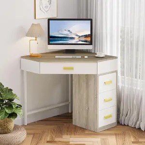 LITTLE TREE Corner Desk, Triangle Computer Desk with 3 Drawers, 90-Degree Writing Desk PC Table Makeup Vanity Desk with Storage for Home Office, Living Room, Bedroom