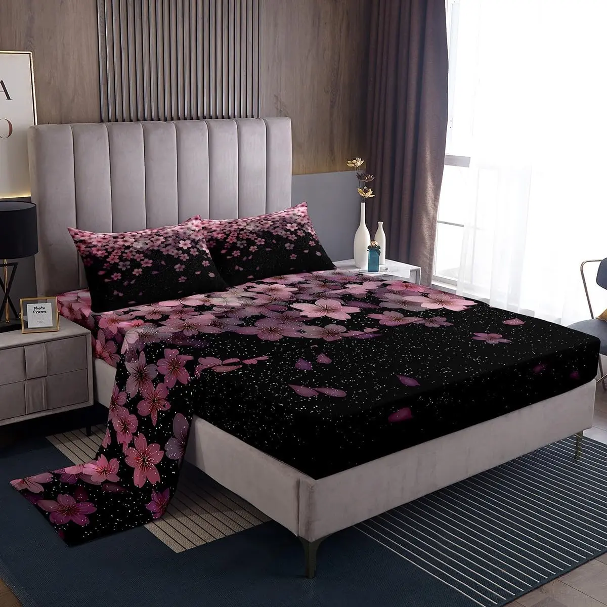Cherry Blossom Bed Sheets,Pink Flower Sheet Set,Petal Floral Bedding,Glittery Fitted Sheet with Deep Pocket,Japanese Style Bed Sheet Set 1 Flat Sheet,1 Fitted Sheet,2 Pillowcases