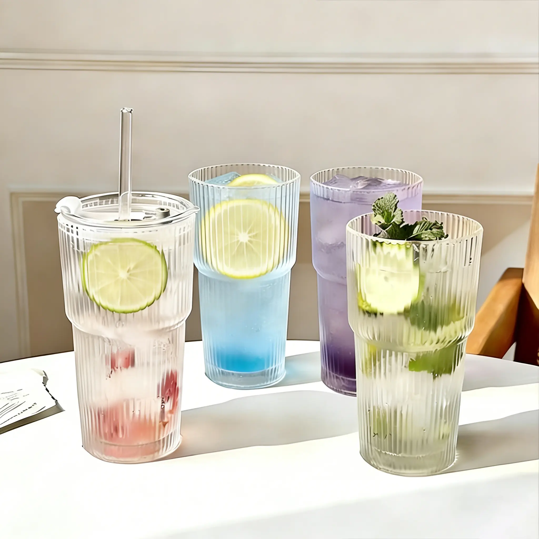 Classic Shaped 4-Pack 18oz (540ml) Ribbed Glass Tumbler Glassware Set, Stylish Lead-Free Glass Cup with Ribbed Grip, Dishwasher-Safe Reusable Kitchenware Drinkware, Fits Most Car Cup Holders for Iced Coffee