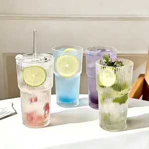 Aesthetic 4-Pack 18oz (540ml) Ribbed Glass Cup Set, Vertical Ridges with Grip, Lead-Free Reusable Dishwasher-Safe Kitchenware Cup for Iced Coffee & Everyday Beverage Use