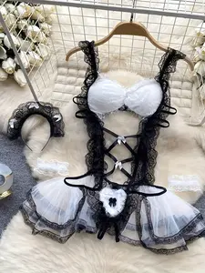 4pcs Ladies Lustful Maid Costume Set - Sweet Lingerie Set with Bow Detail, Adjustable Suspender Skirt and Headband Accessories - Black Lingerie and Adult Accessories, Sexy Lingerie | Joke Pose | Fine Lingerie