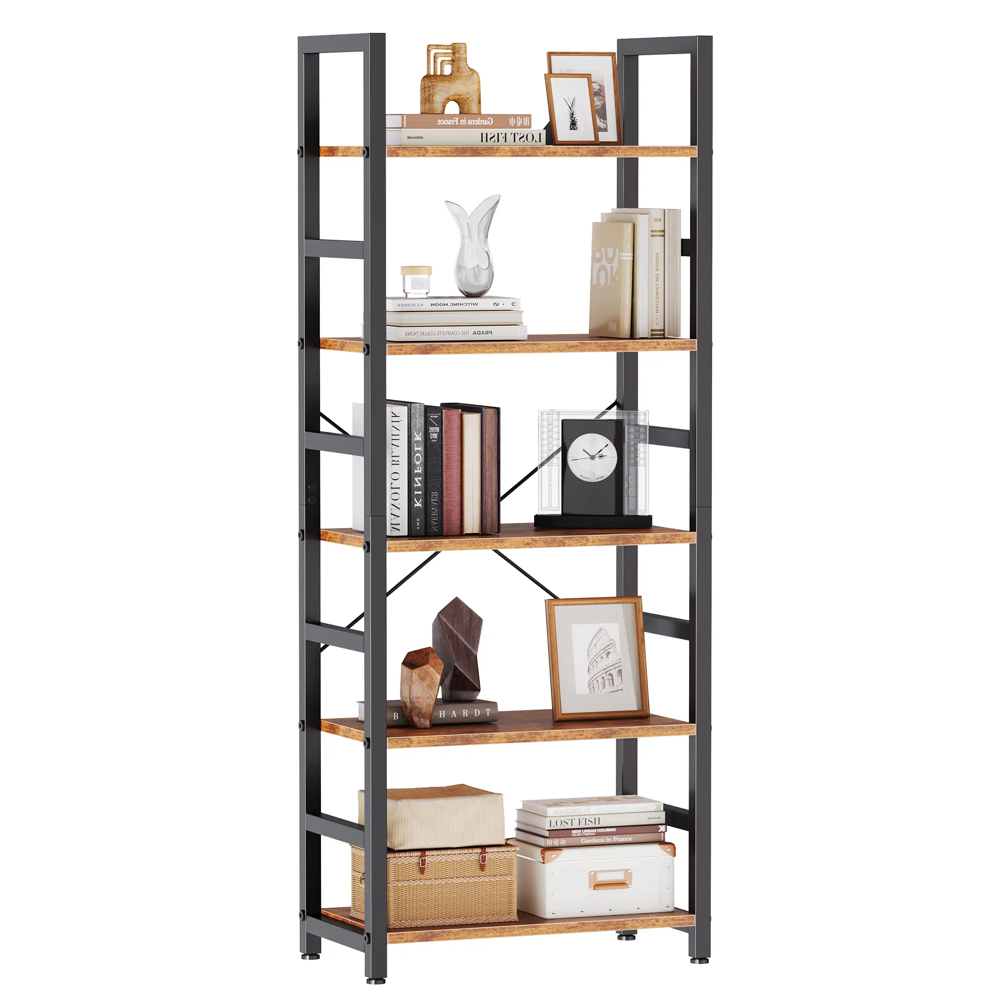 Sweetcrispy 5 Tier Bookshelf With X Frame Support, 30 Lbs Per Shelf Heavy Duty Storage Rack, Waterproof Wood Board And Adjustable Feet, For Living Room Home Office And Bedroom Organiser