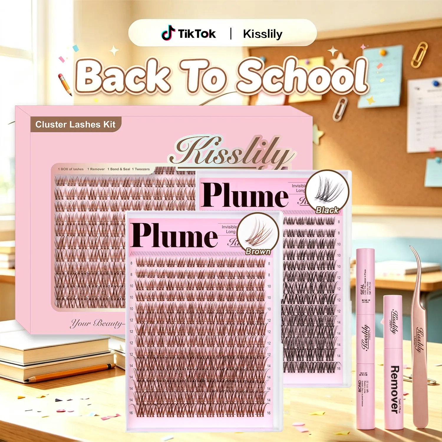 Plume | Kisslily Brown Lash Clusters Invisible Band Natural Lash Extension Kit with Bond & Seal Mascara Look DIY Lashes 8-16mm C Curl D Curl Long Lasting Beginner Friendly #tiktokshopbacktoschool tiktokshopbacktoschool