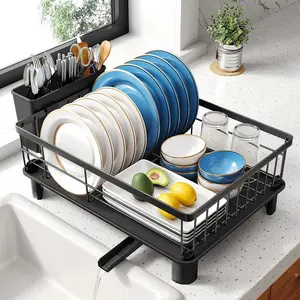 SNTD Dish Drying Rack - Small Dish Rack for Kitchen Counter, Stainless Steel Dish Drainer with Utensil Holder and Drainboard, 11" W x 15" L (Black)