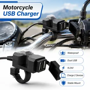 Motorcycle USB Phone Charger, 9-24V Dual USB Port Motorcycle Waterproof Handlebar Adapter Phone Power Outlet, Stable Performance, Offering Convenience,2 compatible devices in the same time, Motorcycle/bicycle  accessories,Adapter for Phone, Tablet, GPS