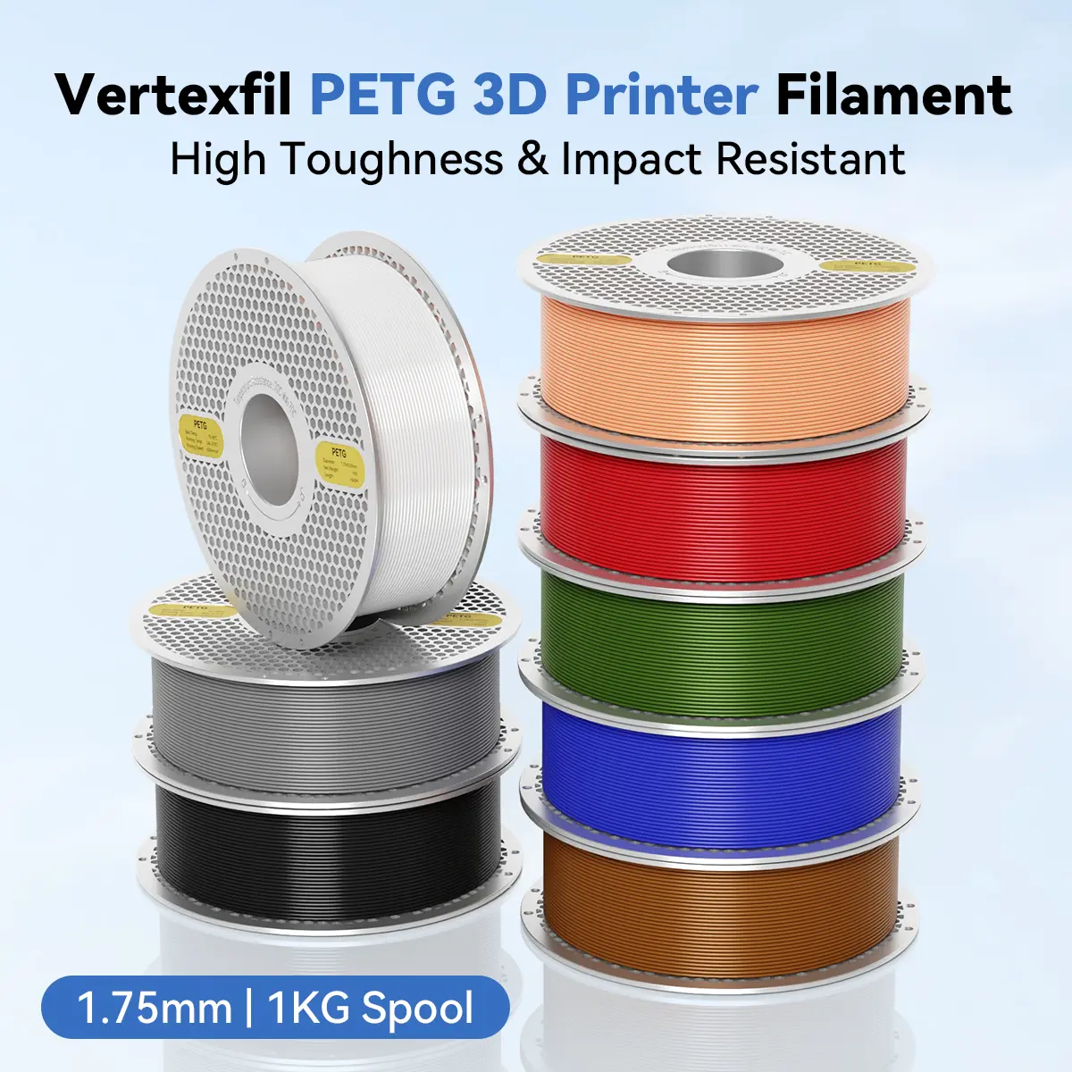 1KG VERTEXFIL PETG Filament 1.75mm, High Toughness, Impact Resistant, Waterproof, Reusable & Detachable Spool, Tangle-Free, High Precision ±0.02mm, Strong Layer Adhesion, Compatible with Bambu Lab, Creality, Anycubic & Most FDM 3D Printers