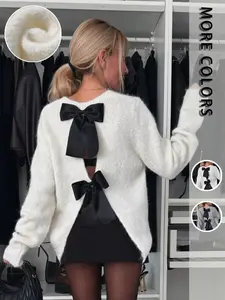 Elegant Women's Knit Sweater, Round Neck Solid Color Pullover, Backless Bow Tie Design, Loose Fit, Perfect for Fall & Winter