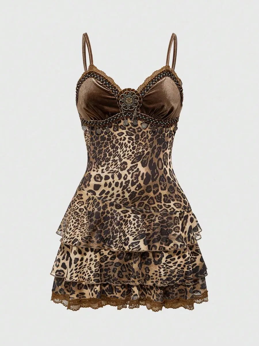 ROSSIE Vintage Western Cowboy Hippie Velvet Patchwork Leopard Print Asymmetrical Hem Slip Dress Spring Summer for Women