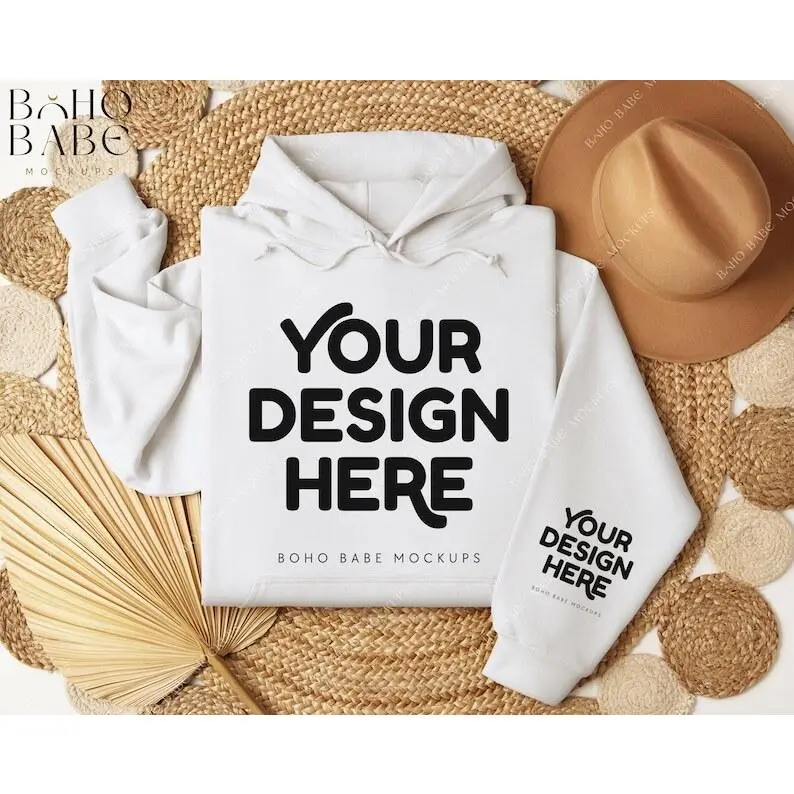WHITE Gildan 18500 Sleeve Hoodie Mockup | Left Wrist Cuff Print, Pocket Design Mock, Folded Hoodie Photo Template, POD Boho Flat Lay