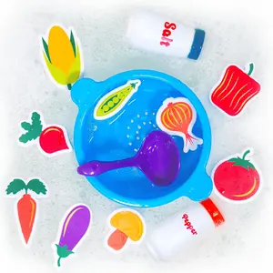 Toddler Bath Toy |   Floating Foam Veggies, Ladle for Scooping & Soup Pot for Straining |   Pretend Play Cooking Kids Bath Toys