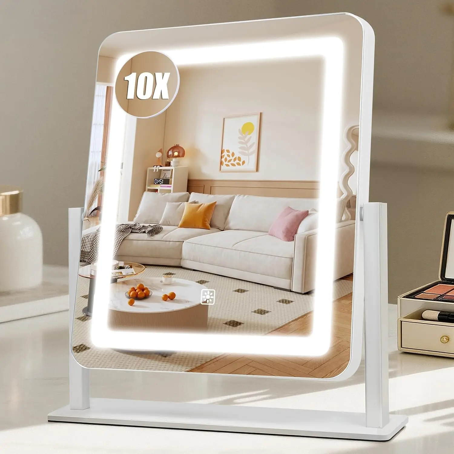 Rechargeable  Mirror with Lights, 3000mAH , 15"x12.2" LED Makeup Mirror, 10X Magnification,   with 3-Color Lighting, 360? Rotation, Lighted Up for Makeup Desk, Bedroom (White)