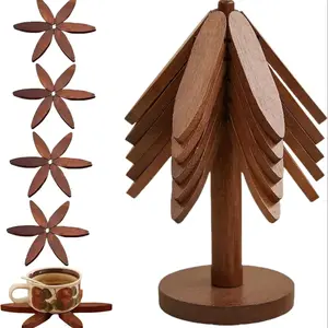 1 set of wooden insulating mats, wooden tree-shaped insulating mats, tree-shaped coaster sets, foldable wooden placemats, 5-piece sets (5 insulating mats+1 bracket), Wooden Coasters, suitable for hot pots/bowls/teapots, kitchen decoration, kitchen gadgets
