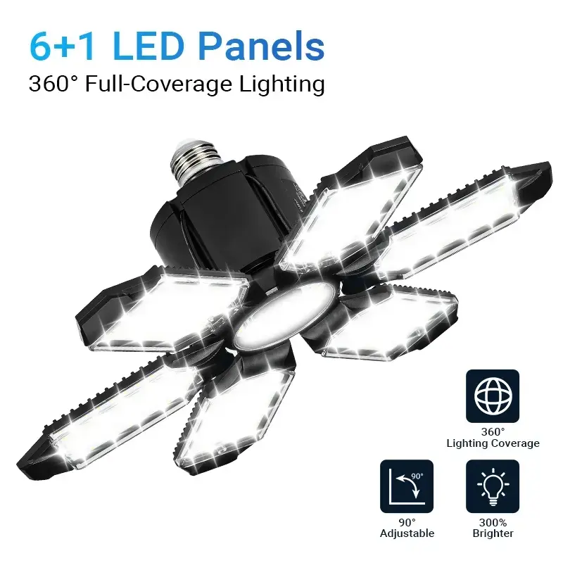 Qawtor Deformable LED Garage Light - E26 Standard Screw-In Base, 7 LEDs Total Accordion-Style Foldable Adjustable Panels, Even Bright Spread LED Lights for Workshop, Barn, Easy Installation, Accordion-Style Ceiling Lighting