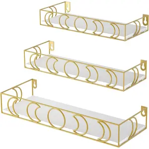 Pharege Moon Phase Floating Shelf, Platinum Color, 3 Piece Small Decorative Wall Shelves, Book Plant Display Rack, Bedroom Room