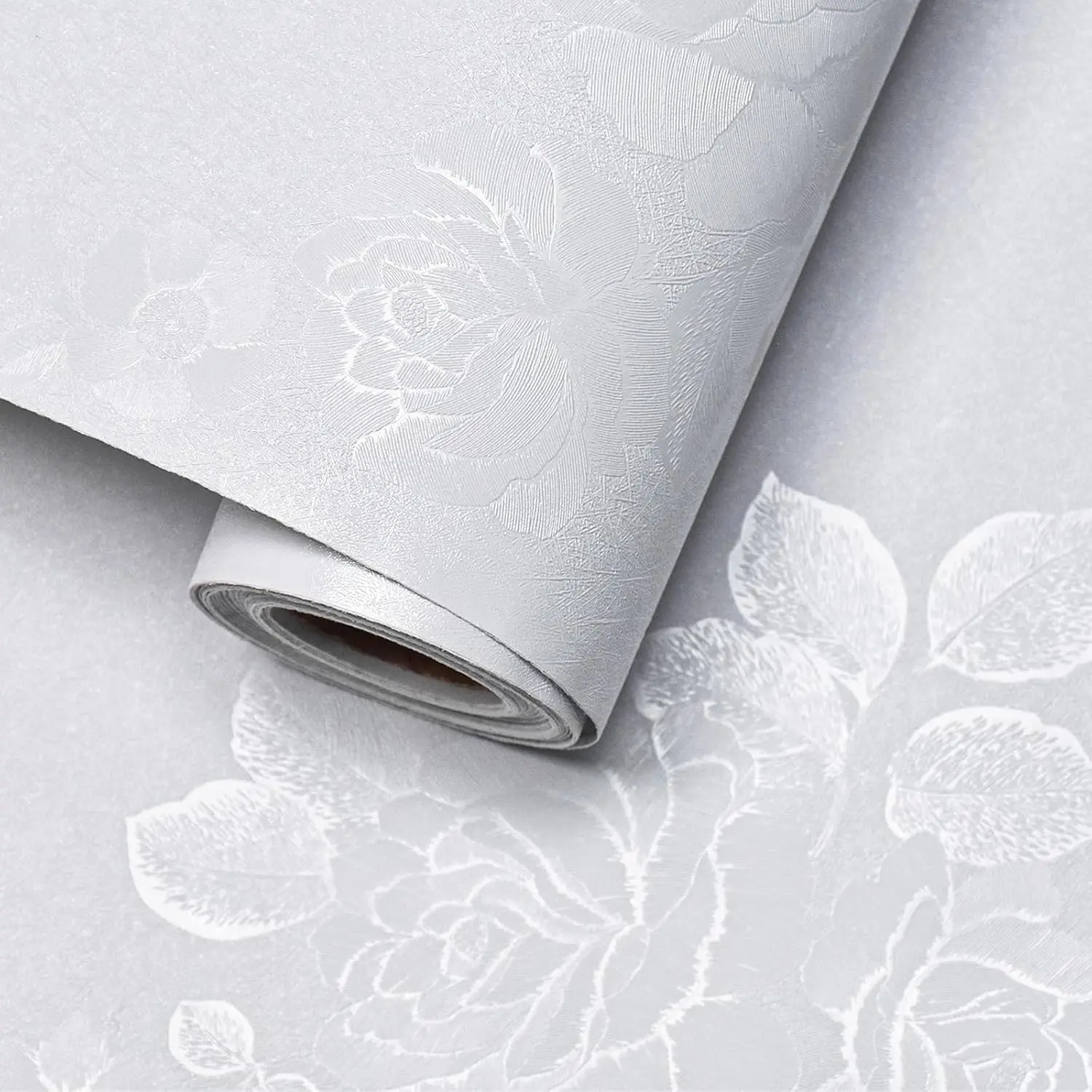 Floral Self-Adhesive Wallpaper, White Silk Embossed Thick Textured Vinyl Contact Paper (118inL x 17.7inW) for Cabinet Refresh, Shelves, Drawers, Kitchen & Living Room Home Improvement
