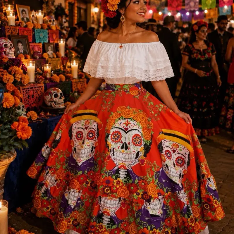 Catrina 2 pcs set Folklore Mexican Skull  skirt and blouse