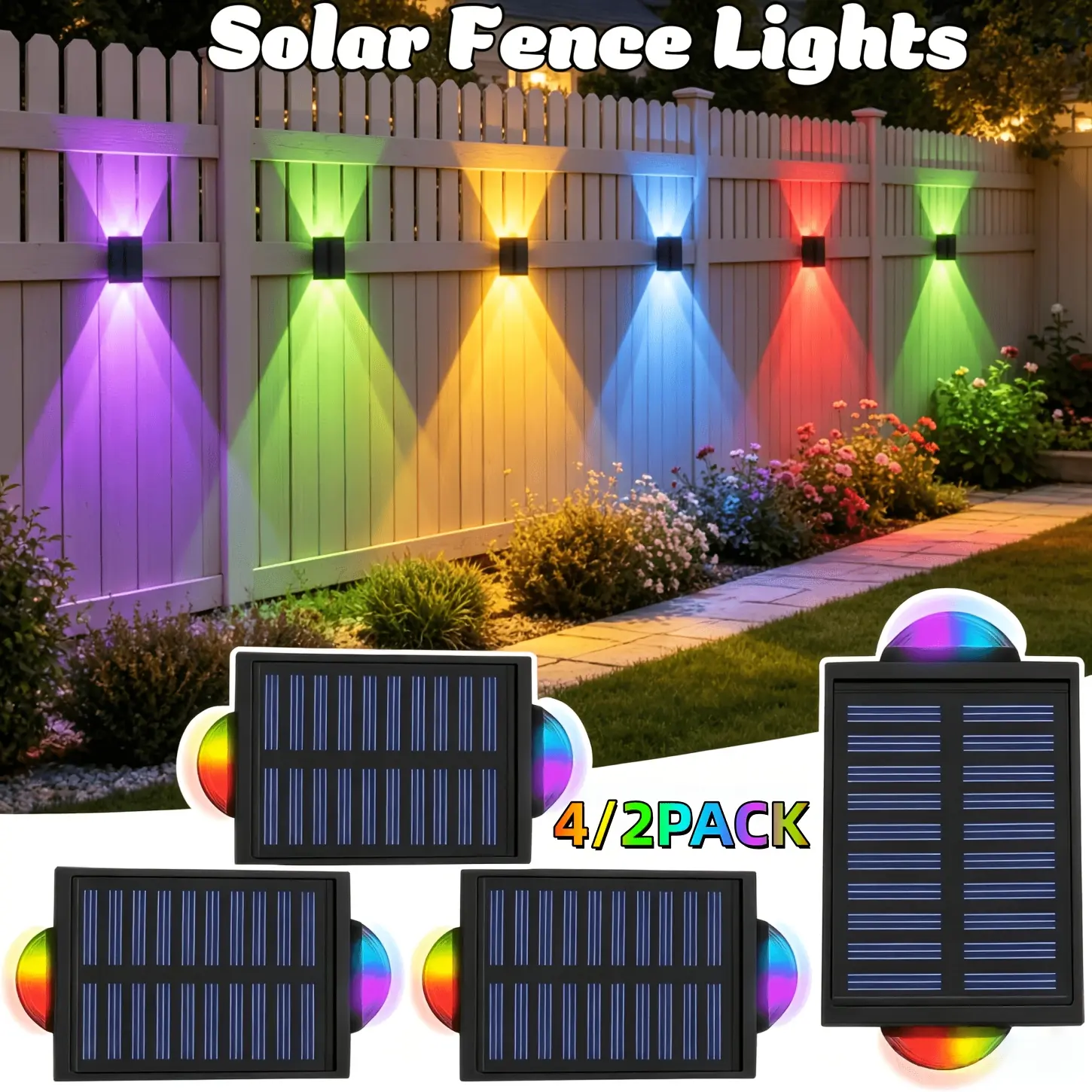 Solar Outdoor Lamp 2/4-Piece Set Pack, Durable Dual-Head Plastic Body, IP44 Waterproof, Dual-Side Glow Upper-Lower Lighting, Warm White & 9 RGB Color Modes, Auto Night-On, Energy Efficient, Easy to Use, Easy Installation for Backyard Decoration, Patio