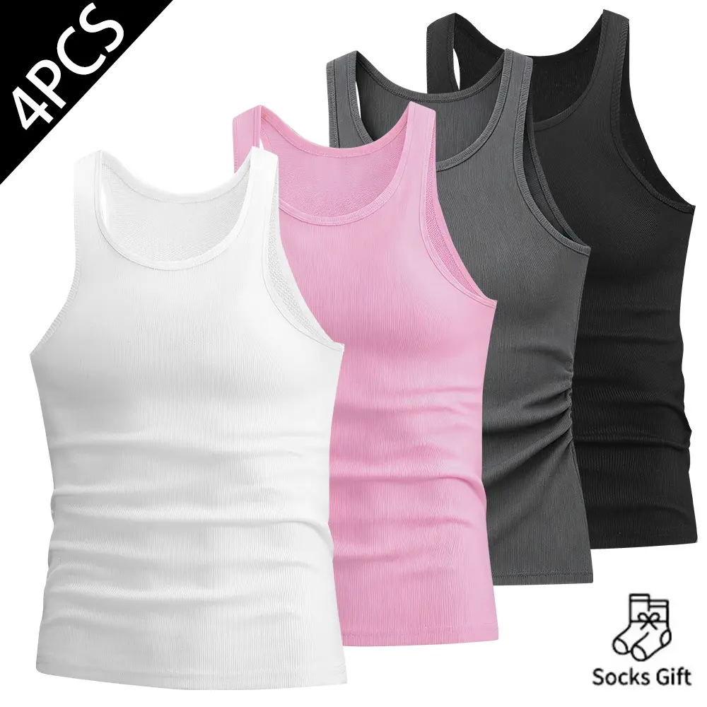 Men's Stylish Tank Tops, 4-Pack Plain Ribbed Stretch Cotton Undershirts, Slim Fit Breathable Menswear for Daily Wear