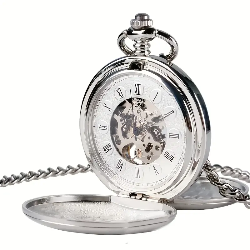 1pc Vintage Classic Luxury Skeleton Watch Pocket & Fob Watch - Roman Numerals, Double-Opening Design, Zinc Alloy Case, Round Shape, World Time, Old-School Style, Men's & Women's Gift Fashion Accessory, Skeleton Watch Pocket & Fob Watches