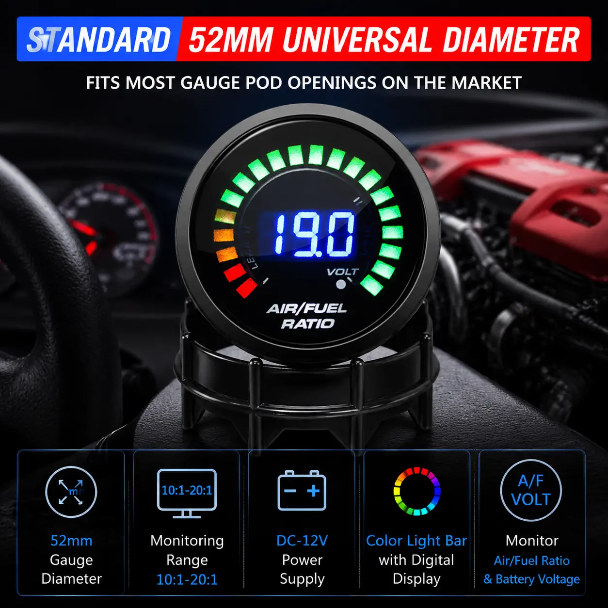 2-Inch AFR Gauge Charge Controller Accessory, 12V Car/Motorcycle Fuel Status Indicator with LED Lights, Digital Display, Color LED Bar & Matte Plastic Build for Modified Racing Tuning