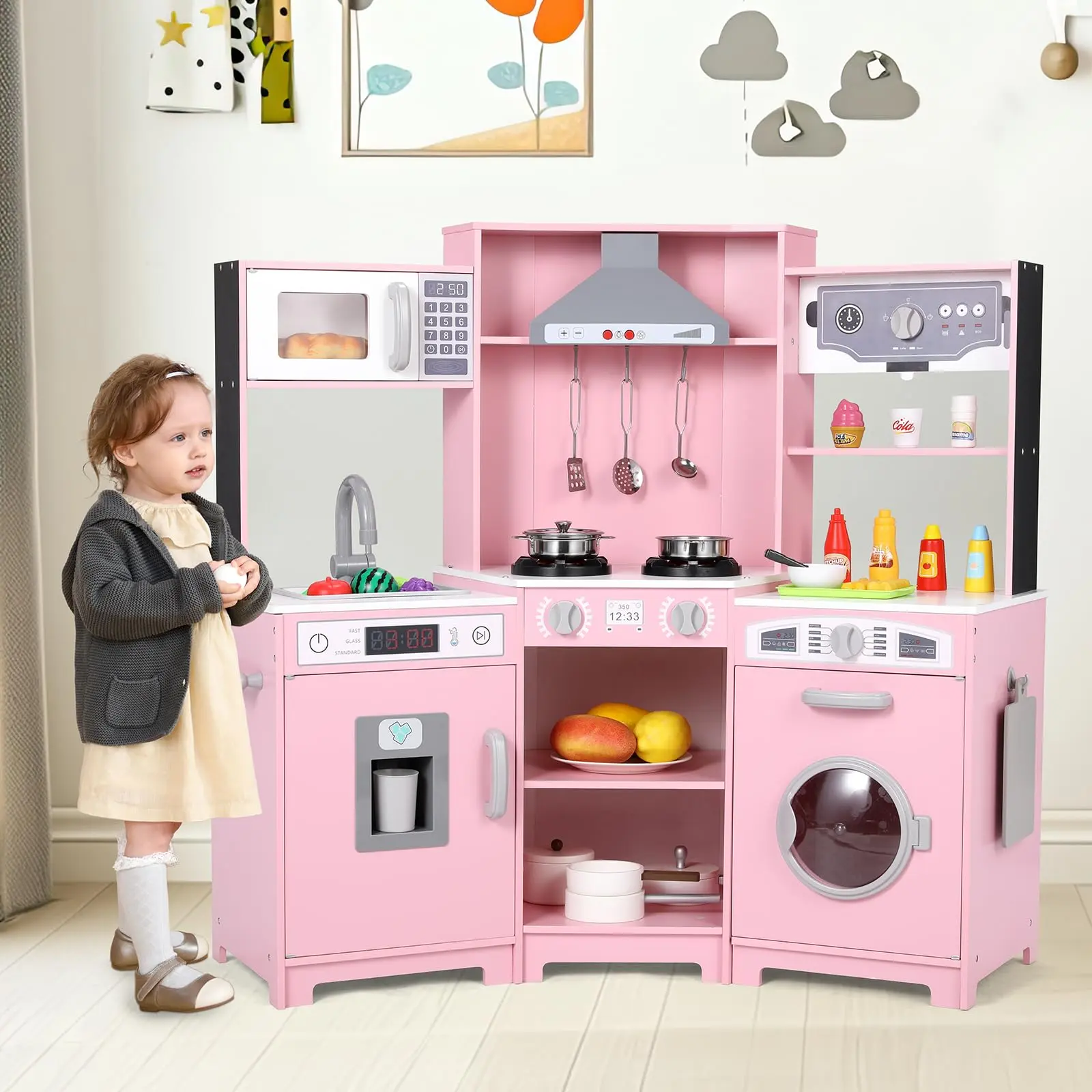 Arlopu Wooden Pretend Corner Play Kitchen for Kids, Large Toodler Cooking Playset w/Washer, Range Hood w/Light & Sound, Stove, Ice Maker, Cutting Board, Coffee Maker, Sink,Hood w/Light & Sound, Stove, Ice Maker, homeessentials