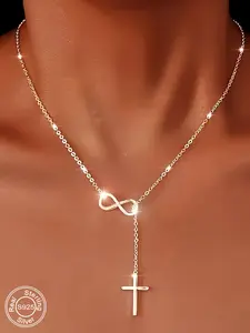 S925 Sterling Silver Infinity Symbol Cross Necklace, Unisex Fashion Jewelry, Perfect for Parties & Festivals, All Seasons Wear, Unique Design