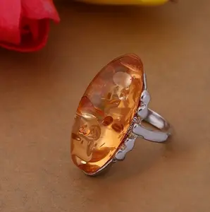 Huge Oval Orange Amber Vintage Silver Ring Elegant Jewelry