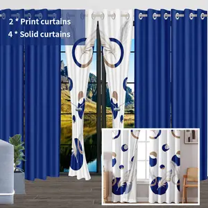 Plume Print Curtain 6-piece set: 2 printed + 4 solid color curtains