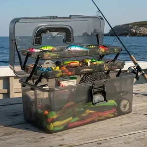 1 large capacity black transparent fishing tackle box, durable PE material, with builtin safety lock, strong