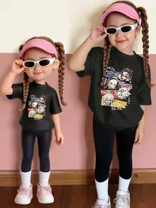 Girls' Demon Slayer Graffiti Two-Piece Set, Round Neck Short Sleeve & Bottoms, Casual Fit, All Seasons, Anime Style