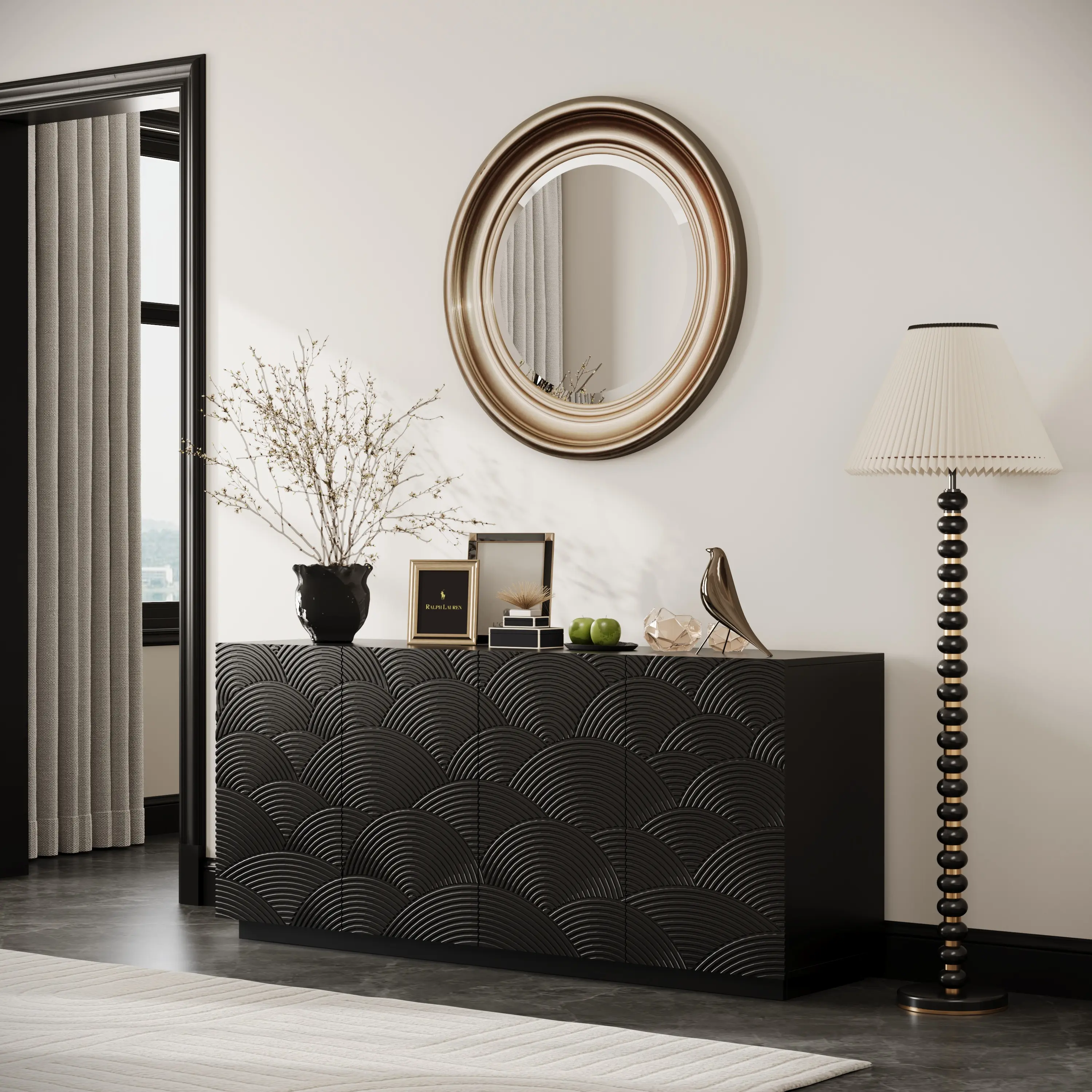 Sideboard Buffet Cabinet, 4 Doors Modern Accent Storage Sideboard, Luxurious Floor Cabinet Buffet with Freestanding Anti Dumping for Kitchen, Living Room, 59" Wide Rectangular Buffet Table(Black)
